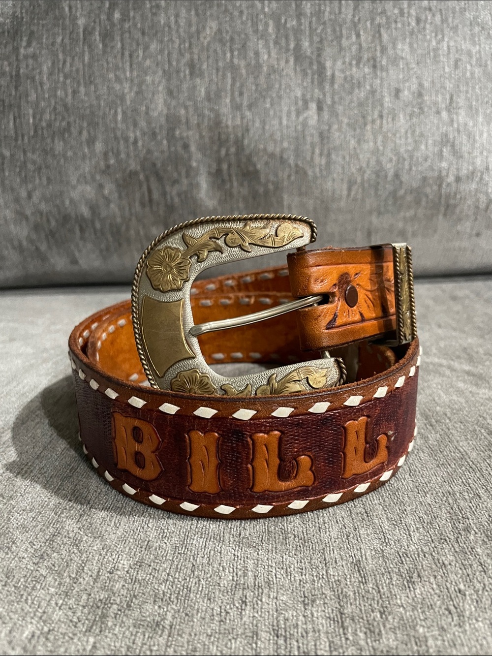 Custom Leather Belt “Bill” Hand Tooled Western Cowboy Style Gold/Silver Buckle